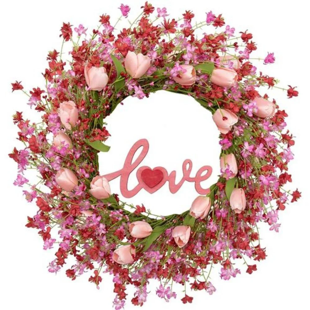 Valentines Day Wreath Decor, 22inch Artificial Pink Wreath Tulip Berry